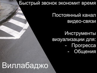 Виллабаджо
Быстрый звонок экономит время
Постоянный канал
видео-связи
Инструменты
визуализации для:
- Прогресса
- Общения
 