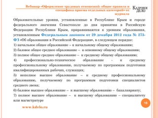 Образовательные уровни, установленные в Республике Крым и городе
федерального значения Севастополе до дня принятия в Российскую
Федерацию Республики Крым, приравниваются к уровням образования,
установленным Федеральным законом от 29 декабря 2012 года № 273-
ФЗ «Об образовании в Российской Федерации», в следующем порядке:
1) начальное общее образование – к начальному общему образованию;
2) базовое общее среднее образование – к основному общему образованию;
3) полное общее среднее образование – к среднему общему образованию;
4) профессионально-техническое образование - к среднему
профессиональному образованию, получаемому по программам подготовки
квалифицированных рабочих, служащих;
5) неполное высшее образование – к среднему профессиональному
образованию, получаемому по программам подготовки специалистов
среднего звена;
6) базовое высшее образование – к высшему образованию – бакалавриату;
7) полное высшее образование – к высшему образованию – специалитету
или магистратуре
16
www.kdelo.ru
Вебинар «Оформление трудовых отношений: общие правила и
специфика приема отдельных категорий» от
журнала
 