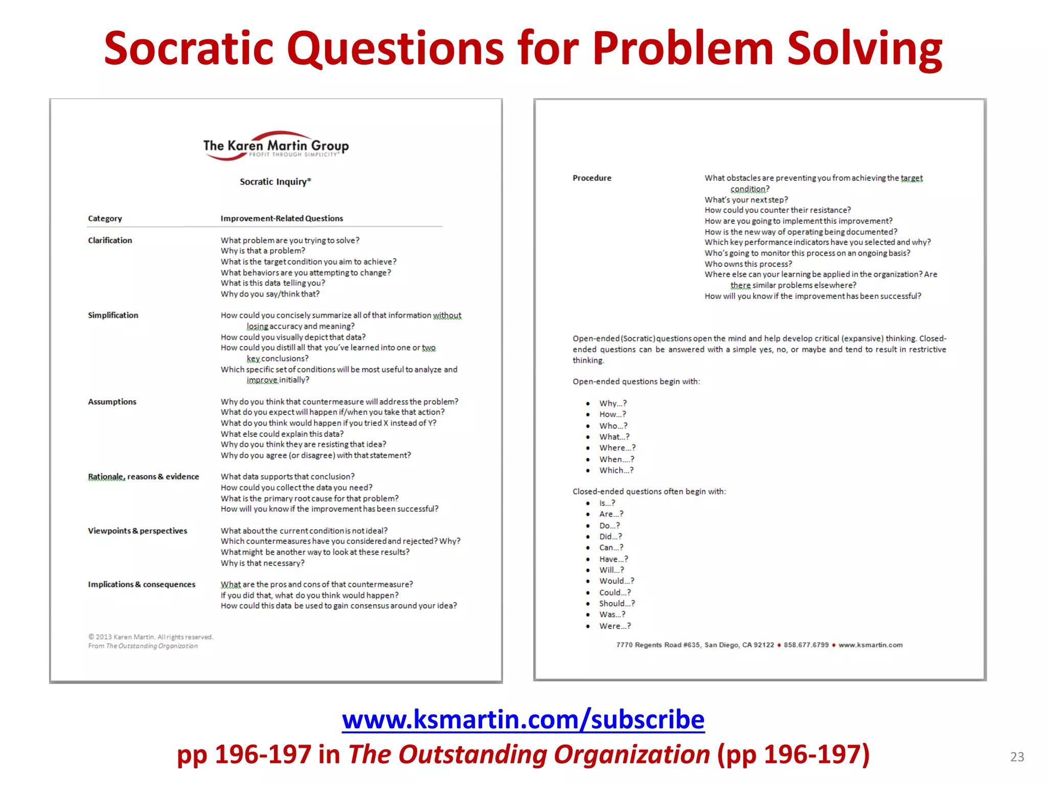 23
Socratic Questions for Problem Solving
www.ksmartin.com/subscribe
pp 196-197 in The Outstanding Organization (pp 196-197)
 