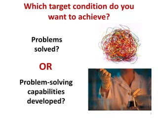 7
Problem-solving
capabilities
developed?
Which target condition do you
want to achieve?
OR
Problems
solved?
 