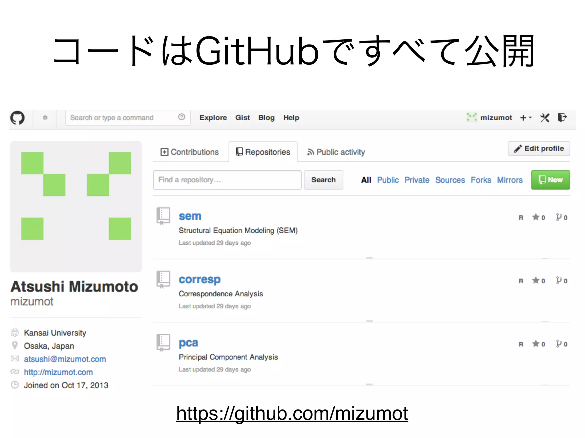 コードはGitHubですべて公開
https://github.com/mizumot
 