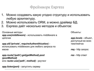 Фреймворк Express
1. Можно создавать какую угодно структуру и использовать
любую архитектуру.
2. Можно использовать ORM, а можно драйвер БД.
3. Express даёт несколько методов и объектов:
Основные методы:
app.use(middleware) - использовать middleware в
цепочке
app.all(‘/private’, requireAuthentihication) -
использовать middleware для любого запроса по
маске
app.route(‘/path’).get(getMethod).post
(postMethod)
или router.use(‘path’, method) - роутинг
app.listen(port) - запустить сервер
Объекты:
app.locals - объект,
доступный во всех
темлпейтах
req - http запрос
res - http ответ
 