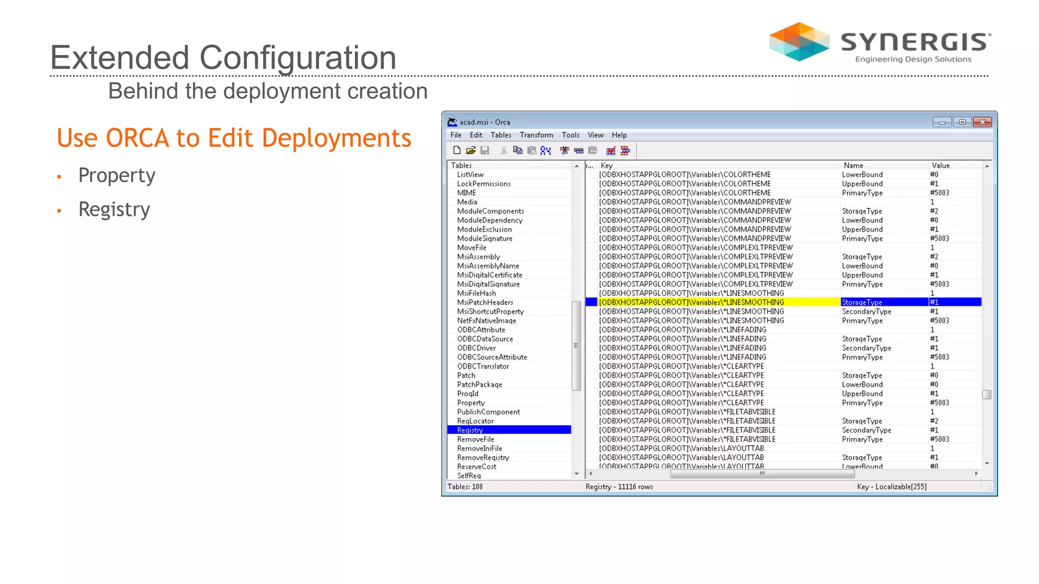 Extended Configuration
Behind the deployment creation
Use ORCA to Edit Deployments
• Property
• Registry
 