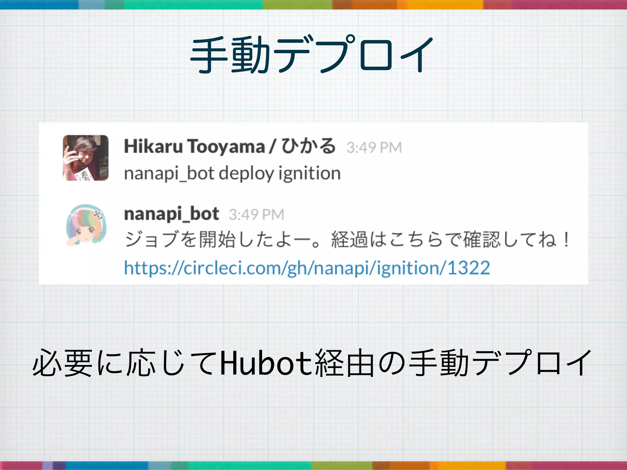 手動デプロイ
必要に応じてHubot経由の手動デプロイ
 