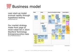 Business model
Lean start-up model
evolved rapidly through
hypothesis testing
leanlaunchlab.com
Our market strategy
made f...