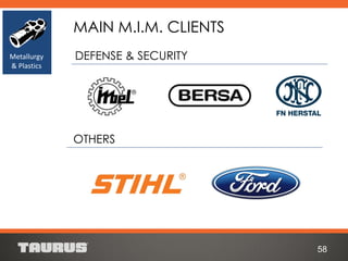 58
MAIN M.I.M. CLIENTS
DEFENSE & SECURITY
OTHERS
Metallurgy
& Plastics
 