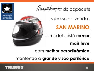 Reestilizaçãodo capacete
sucesso de vendas:
SAN MARINO,
o modelo está menor,
mais leve,
com melhor aerodinâmica,
mantendo a grande visão periférica.
18
Metalurgia
& Plásticos
 