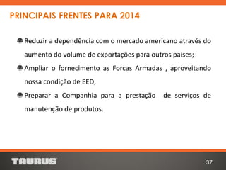 37
PRINCIPAIS FRENTES PARA 2014
Reduzir a dependência com o mercado americano através do
aumento do volume de exportações para outros países;
Ampliar o fornecimento as Forcas Armadas , aproveitando
nossa condição de EED;
Preparar a Companhia para a prestação de serviços de
manutenção de produtos.
 