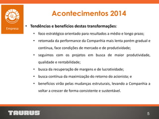 Acontecimentos 2014
• Tendências e benefícios destas transformações:
• foco estratégico orientado para resultados a médio e longo prazo;
• retomada da performance da Companhia mais lenta porém gradual e
contínua, face condições de mercado e de produtividade;
• seguimos com os projetos em busca de maior produtividade,
qualidade e rentabilidade;
• busca da recuperação de margens e de lucratividade;
• busca contínua da maximização do retorno do acionista; e
• benefícios virão pelas mudanças estruturais, levando a Companhia a
voltar a crescer de forma consistente e sustentável.
5
Empresa
 
