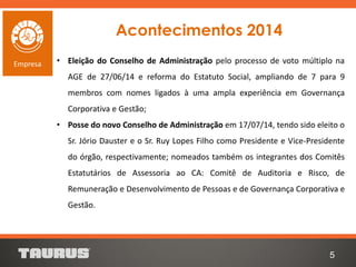 Acontecimentos 2014
• Eleição do Conselho de Administração pelo processo de voto múltiplo na
AGE de 27/06/14 e reforma do Estatuto Social, ampliando de 7 para 9
membros com nomes ligados à uma ampla experiência em Governança
Corporativa e Gestão;
• Posse do novo Conselho de Administração em 17/07/14, tendo sido eleito o
Sr. Jório Dauster e o Sr. Ruy Lopes Filho como Presidente e Vice-Presidente
do órgão, respectivamente; nomeados também os integrantes dos Comitês
Estatutários de Assessoria ao CA: Comitê de Auditoria e Risco, de
Remuneração e Desenvolvimento de Pessoas e de Governança Corporativa e
Gestão.
5
Empresa
 