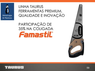 LINHA TAURUS
FERRAMENTAS PREMIUM.
QUALIDADE E INOVAÇÃO
PARTICIPAÇÃO DE
35% NA COLIGADA
59
Metalurgia
& Plásticos
 