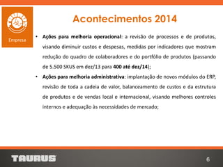 Acontecimentos 2014
• Ações para melhoria operacional: a revisão de processos e de produtos,
visando diminuir custos e despesas, medidas por indicadores que mostram
redução do quadro de colaboradores e do portfólio de produtos (passando
de 5.500 SKUS em dez/13 para 400 até dez/14);
• Ações para melhoria administrativa: implantação de novos módulos do ERP,
revisão de toda a cadeia de valor, balanceamento de custos e da estrutura
de produtos e de vendas local e internacional, visando melhores controles
internos e adequação às necessidades de mercado;
6
Empresa
 