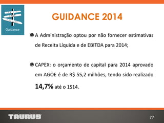 GUIDANCE 2014
77
Guidance
A Administração optou por não fornecer estimativas
de Receita Líquida e de EBITDA para 2014;
CAPEX: o orçamento de capital para 2014 aprovado
em AGOE é de R$ 55,2 milhões, tendo sido realizado
14,7% até o 1S14.
 