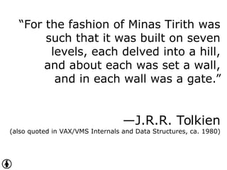 “For the fashion of Minas Tirith was
such that it was built on seven
levels, each delved into a hill,
and about each was set a wall,
and in each wall was a gate.”
—J.R.R. Tolkien
(also quoted in VAX/VMS Internals and Data Structures, ca. 1980)
 