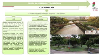 SEGÚN SU JERARQUÍA Y COBERTURA 
Localización en el territorio asociado a los ámbitos 
Parque Juanes de La Paz 
-LOCALIZACIÓN 
Segundo Parque de Laureles 
RIO LADERA 
Espacios públicos centrales, situados en 
la ribera del Río y en el centro 
metropolitano, se inscriben en el Área de 
Intervención Estratégica MED Rio 
Favorecen el contacto entre el río y los 
ciudadanos dentro de la zona conurbada 
del valle. 
Su función es rescatar los valores 
naturales como cualificadores del paisaje 
y prestadores de servicios ambientales, 
donde se destaca como eje ambiental en 
la ciudad que articula gran parte de las 
redes ecológicas urbanas, asegurar la 
apropiación comunitaria y la revaloración 
del carácter cívico, histórico y 
representativo del centro de la ciudad, 
mejorando las condiciones de 
accesibilidad al río y su calidad ambiental, 
involucrando el manejo del agua y las 
coberturas vegetales, y conservando los 
valores patrimoniales en su diseño. 
Espacios públicos asociados en su mayoría a 
barrios residenciales consolidados,, propician 
el reconocimiento y disfrute escénico y 
buscan enriquecer el paisaje de las laderas. 
Predominan los espacios públicos de orden 
local que buscan cubrir las necesidades de 
esparcimiento y encuentro a nivel vecinal, 
barrial y comunal 
Predominan la generación de espacios de 
encuentro como parques y plazas y zonas 
verdes recreacionales para consolidar las 
centralidades existentes y emergentes, que 
permitan su articulación y animación urbana, 
cualificando los espacios públicos y 
reforzando las condiciones paisajísticas y 
ambientales de este ámbito, así como 
propender por la generación de miradores 
panorámicos, aprovechando los valores 
escénicos del ámbito de ladera. 
Se encuentran en su mayoría las tipologías 
de ecoparque de quebrada y para la 
mitigación del riesgo, los parques de 
recreación pasiva y los parques cívicos. 
Parque del RIO 
 