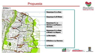 ZONA 1 
Propuesta 
Ecoparque Q. La Seca 
Ecoparque Q. El Mister 
Ecoparque Q. La 
Herrera o Los Pozos o 
Granizal 
Ecoparque Q. La Rosa 
o Moscú o La Sapera 
La Bermejala 
El Molino o La Chorrera 
La Honda 
 