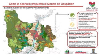 Cómo le aporta la propuesta al Modelo de Ocupación 
Borde Urbano 
Rural 
Un borde rural diverso que 
articula las dinámicas 
urbano-rurales. 
Consolidación de un sistema 
de parques de borde 
desestimulando la expansión, 
controlando la 
suburbanización y 
protegiendo las áreas de 
valor paisajístico y ambiental 
Espacio público de encuentro y esparcimiento 
Parque del Río 
Un corredor del río Aburra foco de la 
vitalidad urbana que es el epicentro del 
espacio público metropolitano, que 
concentra las mayores densidades urbanas y 
es escenario de diversidad social y 
económica. 
Parque del Rio como oportunidad para restituir 
los valores ambientales y urbanísticos sobre el 
corredor y fortalecer las infraestructuras urbanas 
de soporte sobre el corredor longitudinal 
mejorando la cualificación espacial y funcional 
 