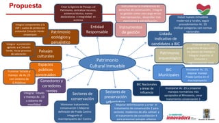 Propuesta 
Patrimonio 
Cultural Inmueble 
Patrimonio 
ecológico y 
paisajístico 
Paisajes 
culturales 
Espacios 
públicos 
construidos 
Conectores y 
corredores 
verdes 
Sectores de 
conservación 
Sectores de 
preservación 
urbanística 
Incluir nuevos inmuebles 
modernos y rurales, seguir 
procedimientos Ac. 23 
Unificar categorías con normas 
Indicativo de 
candidatos a BIC 
BIC Nacionales 
y áreas de 
influencia 
Listado 
Patrimonio 
arqueológico 
BIC 
Municipales 
Instrumentos 
de gestión 
Entidad 
Responsable 
Integrar componentes a la 
EEP = suelos de protección 
ambiental Cinturón Verde - 
ecoparques 
Integrar a protección 
agrícola y a Cinturón 
Verde, iniciar procesos 
de valoración 
Fusionar listado y 
manejo de Ac.23 
con sistema de 
E.Públicos 
Integrar listado 
y manejo Ac. 23 
a sistema de 
movilidad Mantener tratamiento 
conservación 1 Mejorar 
definición de Prado Centro 
integrarlo al 
macroproyecto de l Centro 
Mejorar delimitaciones y crear el 
tratamiento de conservación 2 para 
sectores modernos de alta calidad y 
el tratamiento de consolidación 4 
para preservar paisajes urbanos 
nacionales 
Priorizar en el 
programa de ejecución 
los planes de manejo e 
integrar aspectos al 
Cinturón y 
reglamentación rural 
Incorporar Ac. 23, 
mejorar manejo 
Prado Centro en el 
macroproyecto 
Incorporar Ac. 23 y proponer 
manejos normativos más 
apropiados al Ministerio, crear 
tratamiento conservación 3 
Instrumentar la trasferencia de 
derechos de construcción, integrar 
su gestión como una carga en los 
macroproyectos, desarollar más 
exenciones y estratificación. 
Crear la Agencia de Paisaje y el 
Patrimonio, centralizar recursos, 
asistencia técnica, nuevas 
declaratorias e integralidad en 
acciones 
 