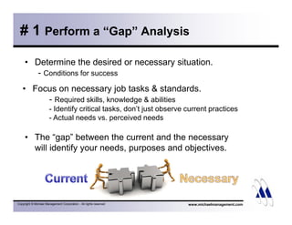 # 1 Perform a “Gap” Analysis 
• Determine the desired or necessary situation. 
- Conditions for success 
• Focus on necessary job tasks  standards. 
- Required skills, knowledge  abilities 
- Identify critical tasks, don’t just observe current practices 
- Actual needs vs. perceived needs 
• The “gap” between the current and the necessary 
will identify your needs, purposes and objectives. 
Copyright © Michael Management Corporation - All rights reserved www.michaelmanagement.com 
 