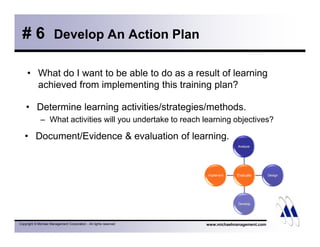 # 6 Develop An Action Plan 
• What do I want to be able to do as a result of learning 
achieved from implementing this training plan? 
• Determine learning activities/strategies/methods. 
– What activities will you undertake to reach learning objectives? 
• Document/Evidence  evaluation of learning. 
Analyze 
Evaluate 
Copyright © Michael Management Corporation - All rights reserved www.michaelmanagement.com 
Design 
Develop 
Implement 
 