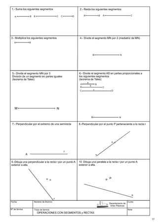 1.- Suma los siguientes segmentos
A B
2.- Resta los siguientes segmentos
3.- Multiplica los siguientes segmentos 4.- Divide el segmento MN por 2 (mediatriz de MN)
5.- Divide el segmento MN por 3
División de un segmento en partes iguales
(teorema de Tales)
6.- Divide el segmento AD en partes proporcionales a
los siguientes segmentos
(teorema de Tales)
7.- Perpendicular por el extremo de una semirecta 8.-Perpendicular por el punto P perteneciente a la recta r
9.-Dibuja una perpendicular a la recta r por un punto A
exterior a ella.
10. Dibuja una paralela a la recta r por un punto A
exterior a ella.
B C C D
A B
A B A C
Fecha
Nº de lámina
Nombre de Alumno
Título de lámina
Curso
Nota
OPERACIONES CON SEGMENTOS y RECTAS
Departamento de
Artes Plásticas
M N
M N
M N
A
B
C
B
C
D
b
c
a
r
A
17
 