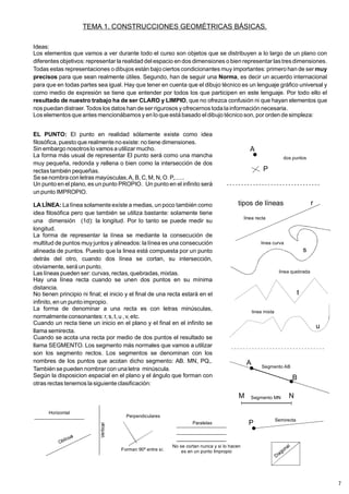TEMA 1. CONSTRUCCIONES GEOMÉTRICAS BÁSICAS.
Ideas:
Los elementos que vamos a ver durante todo el curso son objetos que se distribuyen a lo largo de un plano con
diferentes objetivos: representar la realidad del espacio en dos dimensiones o bien representar lastresdimensiones.
Todas estas representaciones o dibujos están bajo ciertos condicionantes muy importantes: primero han de ser
para que sean realmente útiles. Segundo, han de seguir una , es decir un acuerdo internacional
para que en todas partes sea igual. Hay que tener en cuenta que el dibujo técnico es un lenguaje gráfico universal y
como medio de expresión se tiene que entender por todos los que participen en este lenguaje. Por todo ello el
, que no ofrezca confusión ni que hayan elementos que
nos puedan distraer. Todos los datos han de ser rigurosos yofrecernos toda la información necesaria.
Los elementosque antes mencionábamosy en lo que está basado el dibujo técnico son, por orden de simpleza:
muy
precisos Norma
resultado de nuestro trabajo ha de ser CLARO y LIMPIO
EL PUNTO:
LA LÍNEA:
El punto en realidad sólamente existe como idea
filosófica, puesto que realmente no existe: no tiene dimensiones.
Sin embargo nosotroslo vamosa utilizar mucho.
La forma más usual de representar El punto será como una mancha
muy pequeña, redonda y rellena o bien como la intersección de dos
rectastambién pequeñas.
Se se nombra con letras mayúsculas,A, B, C,M, N, O. P,......
Un punto en el plano, es un punto PROPIO. Un punto en el infinito será
un punto IMPROPIO.
La línea solamente exíste a medias, un poco también como
idea filosófica pero que también se utiliza bastante: solamente tiene
una dimensión (1d): la longitud. Por lo tanto se puede medir su
longitud.
La forma de representar la línea se mediante la consecución de
multitud de puntos muy juntos y alineados: la línea es una consecución
alineada de puntos. Puesto que la linea está compuesta por un punto
detrás del otro, cuando dos línea se cortan, su intersección,
obviamente, será un punto.
Las líneas pueden ser: curvas, rectas, quebradas, mixtas.
Hay una línea recta cuando se unen dos puntos en su mínima
distancia.
No tienen principio ni final; el inicio y el final de una recta estará en el
infinito, en un punto impropio.
La forma de denominar a una recta es con letras minúsculas,
normalmente consonantes: r, s, t,u , v, etc.
Cuando un recta tiene un inicio en el plano y el final en el infinito se
llama semirecta.
Cuando se acota una recta por medio de dos puntos el resultado se
llama SEGMENTO. Los segmento más normales que vamos a utilizar
son los segmento rectos. Los segmentos se denominan con los
nombres de los puntos que acotan dicho segmento: AB. MN, PQ,.
También se pueden nombrarcon una letra minúscula.
Según la disposicion espacial en el plano y el ángulo que forman con
otras rectas tenemos la siguiente clasificación:
A
P
linea recta
linea curva
linea quebrada
linea mixta
dos puntos
tipos de líneas r
s
t
u
B
Segmento AB
M N
Segmento MN
A
P Semirecta
Horizontal
Perpendiculares
Forman 90º entre sí.
Paralelas
No se cortan nunca y si lo hacen
es en un punto Impropio
7
 
