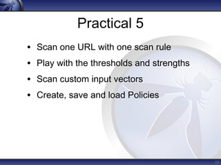 Practical 5 
• Scan one URL with one scan rule 
• Play with the thresholds and strengths 
• Scan custom input vectors 
• Create, save and load Policies 
12 
 