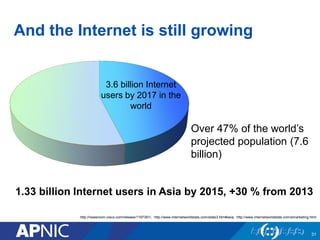 And the Internet is still growing
31
http://newsroom.cisco.com/release/1197391/, http://www.internetworldstats.com/stats3.htm#asia, http://www.internetworldstats.com/emarketing.html
3.6 billion Internet
users by 2017 in the
world
Over 47% of the world’s
projected population (7.6
billion)
1.33 billion Internet users in Asia by 2015, +30 % from 2013
 