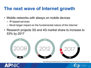 The next wave of Internet growth
• Mobile networks with always on mobile devices
– IP-based services
– Much larger impact on the fundamental nature of the Internet
• Research projects 3G and 4G market share to increase to
53% by 2017
32
http://www.gsmamobileeconomy.com/GSMA%20Mobile%20Economy%202013.pdf
 