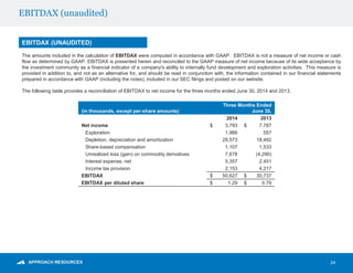 EBITDAX (unaudited)
24
EBITDAX (UNAUDITED)
The amounts included in the calculation of EBITDAX were computed in accordance with GAAP. EBITDAX is not a measure of net income or cash
flow as determined by GAAP. EBITDAX is presented herein and reconciled to the GAAP measure of net income because of its wide acceptance by
the investment community as a financial indicator of a company's ability to internally fund development and exploration activities. This measure is
provided in addition to, and not as an alternative for, and should be read in conjunction with, the information contained in our financial statements
prepared in accordance with GAAP (including the notes), included in our SEC filings and posted on our website.
The following table provides a reconciliation of EBITDAX to net income for the three months ended June 30, 2014 and 2013.
(in thousands, except per-share amounts)
Three Months Ended
June 30,
2014 2013
Net income $ 3,793 $ 7,787
Exploration 1,966 557
Depletion, depreciation and amortization 28,573 18,482
Share-based compensation 1,107 1,533
Unrealized loss (gain) on commodity derivatives 7,678 (4,290)
Interest expense, net 5,357 2,451
Income tax provision 2,153 4,217
EBITDAX $ 50,627 $ 30,737
EBITDAX per diluted share $ 1.29 $ 0.79
 