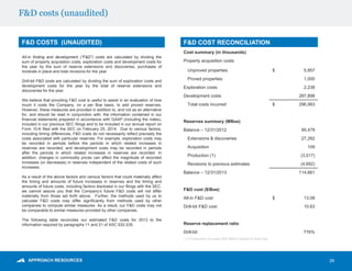F&D costs (unaudited)
26
F&D COST RECONCILIATION
Cost summary (in thousands)
Property acquisition costs
Unproved properties $ 5,857
Proved properties 1,000
Exploration costs 2,238
Development costs 287,898
Total costs incurred $ 296,993
Reserves summary (MBoe)
Balance – 12/31/2012 95,479
Extensions & discoveries 27,282
Acquisition 109
Production (1) (3,517)
Revisions to previous estimates (4,692)
Balance – 12/31/2013 114,661
F&D cost ($/Boe)
All-in F&D cost $ 13.08
Drill-bit F&D cost 10.63
Reserve replacement ratio
Drill-bit 776%
All-in finding and development (“F&D”) costs are calculated by dividing the
sum of property acquisition costs, exploration costs and development costs for
the year by the sum of reserve extensions and discoveries, purchases of
minerals in place and total revisions for the year.
Drill-bit F&D costs are calculated by dividing the sum of exploration costs and
development costs for the year by the total of reserve extensions and
discoveries for the year.
We believe that providing F&D cost is useful to assist in an evaluation of how
much it costs the Company, on a per Boe basis, to add proved reserves.
However, these measures are provided in addition to, and not as an alternative
for, and should be read in conjunction with, the information contained in our
financial statements prepared in accordance with GAAP (including the notes),
included in our previous SEC filings and to be included in our annual report on
Form 10-K filed with the SEC on February 25, 2014. Due to various factors,
including timing differences, F&D costs do not necessarily reflect precisely the
costs associated with particular reserves. For example, exploration costs may
be recorded in periods before the periods in which related increases in
reserves are recorded, and development costs may be recorded in periods
after the periods in which related increases in reserves are recorded. In
addition, changes in commodity prices can affect the magnitude of recorded
increases (or decreases) in reserves independent of the related costs of such
increases.
As a result of the above factors and various factors that could materially affect
the timing and amounts of future increases in reserves and the timing and
amounts of future costs, including factors disclosed in our filings with the SEC,
we cannot assure you that the Company’s future F&D costs will not differ
materially from those set forth above. Further, the methods used by us to
calculate F&D costs may differ significantly from methods used by other
companies to compute similar measures. As a result, our F&D costs may not
be comparable to similar measures provided by other companies.
The following table reconciles our estimated F&D costs for 2013 to the
information required by paragraphs 11 and 21 of ASC 932-235.
(1) Production includes 560 MMcf related to field fuel.
F&D COSTS (UNAUDITED)
 