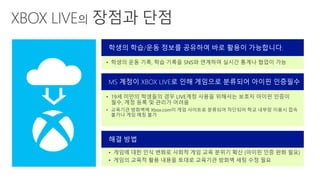 • 학생의 운동 기록, 학습 기록을 SNS와 연계하여 실시간 통계나 협업이 가능
학생의 학습/운동 정보를 공유하여 바로 활용이 가능합니다.
• 19세 미만의 학생들의 경우 LIVE계정 사용을 위해서는 보호자 아이핀 인증이
필수, 계정 등록 및 관리가 어려움
• 교육기관 방화벽에 Xbox.com이 게임 사이트로 분류되어 차단되어 학교 내부망 이용시 접속
불가나 게임 매칭 불가
MS 계정이 XBOX LIVE로 인해 게임으로 분류되어 아이핀 인증필수
• 게임에 대한 인식 변화로 사회적 게임 교육 분위기 확산 (아이핀 인증 완화 필요)
• 게임의 교육적 활용 내용을 토대로 교육기관 방화벽 세팅 수정 필요
해결 방법
 