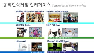 동작인식게임 인터페이스 Gesture-based Game Interface
KONAMI Dance Dance Revolution SEGA DC Samba de amigo
SONY PS2 EyeToy SONY PS3 Move
Nitendo Wii Microsoft Xbox360 Kinect
발판 컨트롤러 마라카스 컨트롤러
모션 인식 카메라 목소리 및 2개 컨트롤러 장착 부위 인식
2개의 컨트롤러 인식 안면 관절 목소리 인식 카메라
 