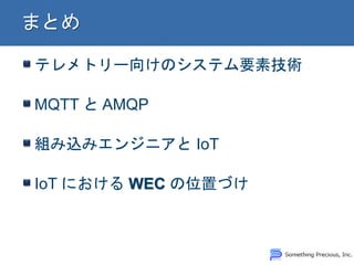 テレメトリー向けのシステム要素技術 MQTT と AMQP 組み込みエンジニアと IoT IoT における WEC の位置づけ 