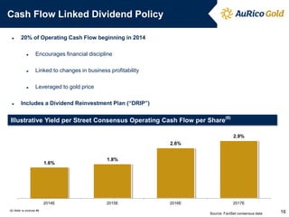 Cash Flow Linked Dividend Policy 
►20% of Operating Cash Flow beginning in 2014 
►Encourages financial discipline 
►Linked to changes in business profitability 
►Leveraged to gold price 
►Includes a Dividend Reinvestment Plan (“DRIP”) 
Illustrative Yield per Street Consensus Operating Cash Flow per Share(6) 
Source: FactSet consensus data 
(6) Refer to endnote #6 
1.6% 
1.8% 
2.6% 
2.9% 
2014E 
2015E 
2016E 
2017E 
16  