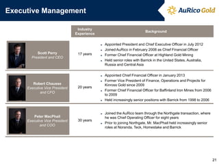 Industry Experience 
Background 
17 years 
►Appointed President and Chief Executive Officer in July 2012 
►Joined AuRico in February 2008 as Chief Financial Officer 
►Former Chief Financial Officer at Highland Gold Mining 
►Held senior roles with Barrick in the United States, Australia, Russia and Central Asia 
20 years 
►Appointed Chief Financial Officer in January 2013 
►Former Vice President of Finance, Operations and Projects for Kinross Gold since 2009 
►Former Chief Financial Officer for Baffinland Iron Mines from 2006 to 2009 
►Held increasingly senior positions with Barrick from 1998 to 2006 
30 years 
►Joined the AuRico team through the Northgate transaction, where he was Chief Operating Officer for eight years 
►Prior to joining Northgate, Mr. MacPhail held increasingly senior roles at Noranda, Teck, Homestake and Barrick 
Executive Management 
21 
Scott Perry President and CEO 
Robert Chausse Executive Vice President and CFO 
Peter MacPhail Executive Vice President and COO 
 
