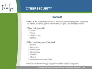 CYBERSECURITY 
MALWARE 
• What is it? A variety of hostile or intrusive software programs designed 
to disrupt systems, gather information, or gain unauthorized access. 
• Ways to transmit it: 
– Viruses 
– Worms 
– Trojan horses 
– Rootkits 
• What can it do once it’s there? 
– Botnets 
– Keyloggers 
– RAM scraper 
– Ransomware 
– Spyware 
– Adware 
– Remote AdministrationTools 
• Malware overwhelmingly targets Windows-based computers 
Cybersecurity and Computer Crimes: The Human Element | 15 
 