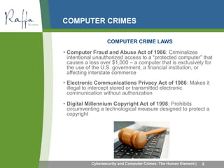 COMPUTER CRIMES 
COMPUTER CRIME LAWS 
• Computer Fraud and Abuse Act of 1986: Criminalizes 
intentional unauthorized access to a “protected computer” that 
causes a loss over $1,000 – a computer that is exclusively for 
the use of the U.S. government, a financial institution, or 
affecting interstate commerce 
• Electronic Communications Privacy Act of 1986: Makes it 
illegal to intercept stored or transmitted electronic 
communication without authorization 
• Digital Millennium Copyright Act of 1998: Prohibits 
circumventing a technological measure designed to protect a 
copyright 
Cybersecurity and Computer Crimes: The Human Element | 8 
 