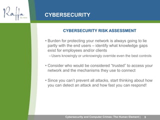 CYBERSECURITY 
CYBERSECURITY RISK ASSESSMENT 
• Burden for protecting your network is always going to lie 
partly with the end users – identify what knowledge gaps 
exist for employees and/or clients 
–Users knowingly or unknowingly override even the best controls 
• Consider who would be considered “trusted” to access your 
network and the mechanisms they use to connect 
• Since you can’t prevent all attacks, start thinking about how 
you can detect an attack and how fast you can respond! 
Cybersecurity and Computer Crimes: The Human Element | 9 
 