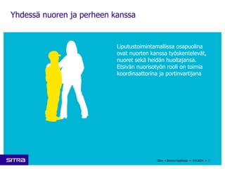 Yhdessä nuoren ja perheen kanssa 
7 
Liputustoimintamallissa osapuolina 
ovat nuorten kanssa työskentelevät, 
nuoret sekä heidän huoltajansa. 
Etsivän nuorisotyön rooli on toimia 
koordinaattorina ja portinvartijana 
Sitra • Kimmo Haahkola • 4.9.2014 • 
 