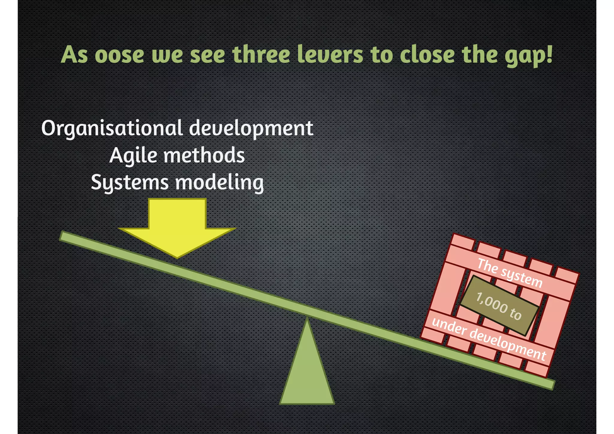 As oose we see three levers to close the gap! 
Organisational development 
Agile methods 
Systems modeling 
 