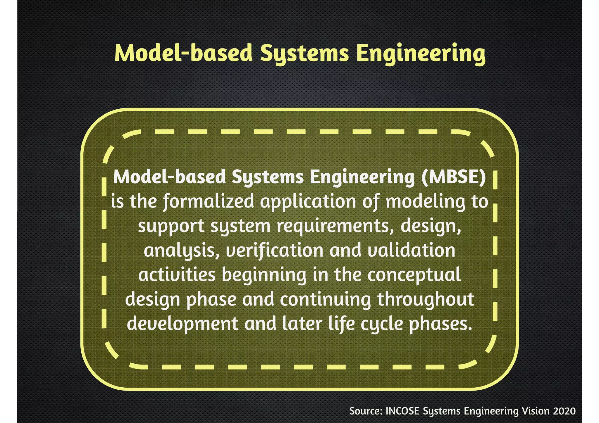 Model-based Systems Engineering 
Model-based Systems Engineering (MBSE) 
is the formalized application of modeling to 
support system requirements, design, 
analysis, verification and validation 
activities beginning in the conceptual 
design phase and continuing throughout 
development and later life cycle phases. 
Source: INCOSE Systems Engineering Vision 2020 
 