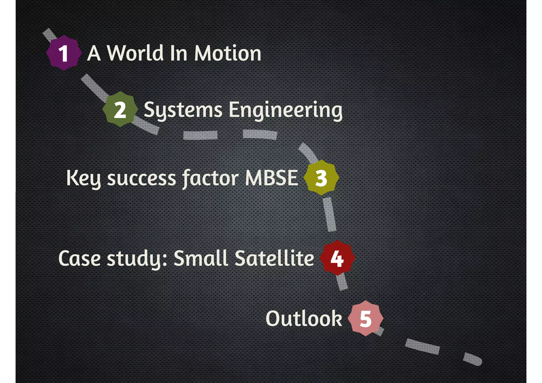 1 A World In Motion 
2 Systems Engineering 
Key success factor MBSE 3 
Case study: Small Satellite 4 
Outlook 5 
 
