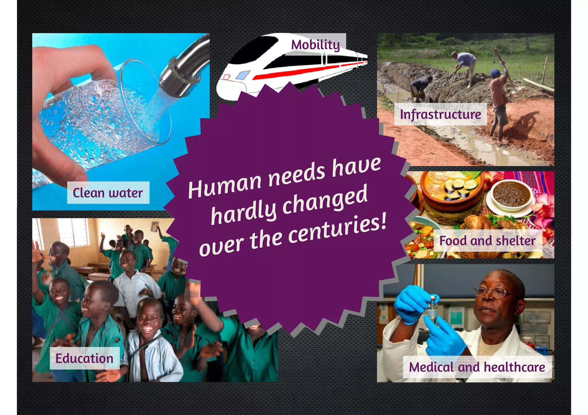 Clean water 
Education 
Mobility 
Infrastructure 
Food and shelter 
Medical and healthcare 
 