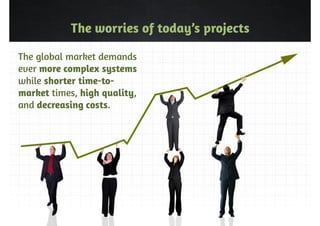 The worries of today’s projects 
The global market demands 
ever more complex systems 
while shorter time-to-market 
times, high quality, 
and decreasing costs. 
 