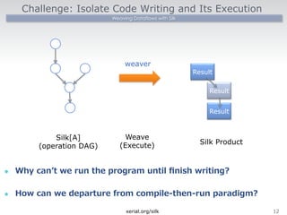 Challenge: Isolate Code Writing and Its Execution 
Weaving Dataflows with Silk 
weaver 
Result 
Result 
Result 
l Why canʼ’t we run the program until finish writing? 
l How can we departure from compile-‐‑‒then-‐‑‒run paradigm? 
xerial.org/silk12 
Silk[A] 
(operation DAG) 
Weave 
(Execute)Silk Product 
 