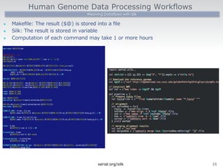 Human Genome Data Processing Workflows 
Weaving Dataflows with Silk 
l Makefile: The result ($@) is stored into a file 
l Silk: The result is stored in variable 
l Computation of each command may take 1 or more hours  
xerial.org/silk16 
 