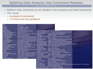 Splitting Data Analysis Into Command Modules 
Weaving Dataflows with Silk 
l Added a new command as we needed a new analysis and data processing 
l The result: 
l hundreds of commands! 
l # of files limits the parallelism  
37 
