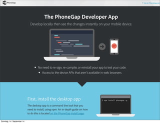AlleRechteliegenbeiPeterHecker.Vervielfältigungistnichterlaubt.
Go to PhoneGap.com
The PhoneGap Developer App
Develop locally then see the changes instantly on your mobile device.
No need to re-sign, re-compile, or reinstall your app to test your code.
Access to the device APIs that aren't available in web browsers.
First, install the desktop appFirst, install the desktop app
The desktop app is a command line tool that you
need to install, using npm. An in-depth guide on how
to do this is located on the PhoneGap install page.
Sonntag, 14. September 14
 