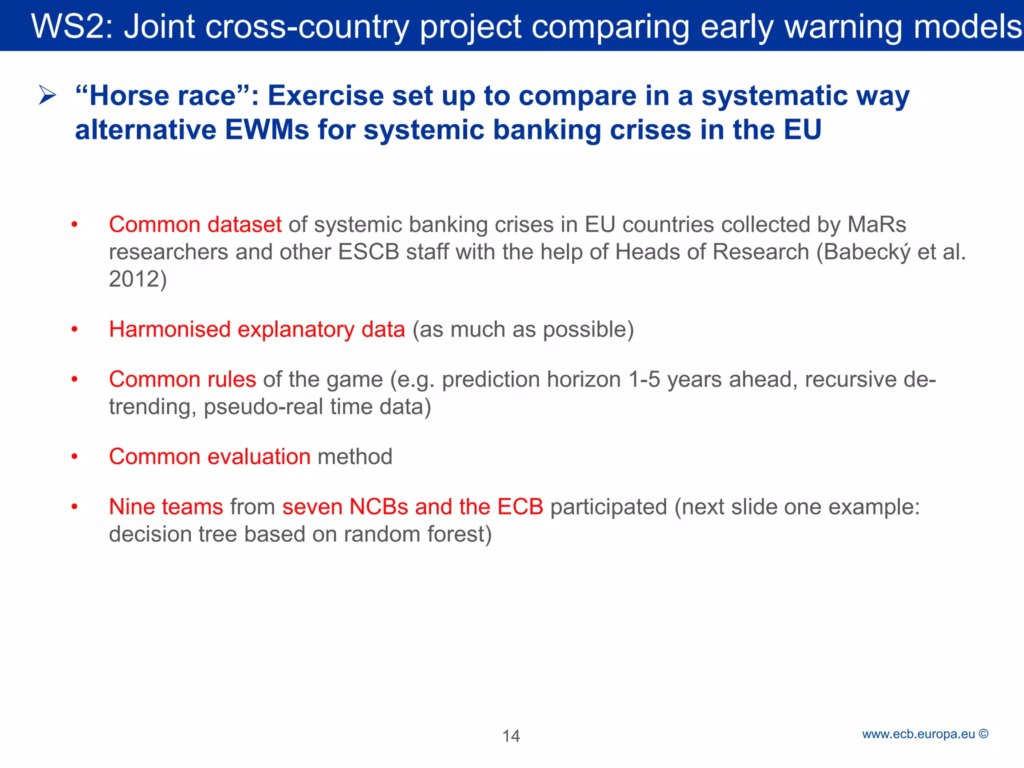 Rubric 
www.ecb.europa.eu © 
 
“Horse race”: Exercise set up to compare in a systematic way alternative EWMs for systemic banking crises in the EU 
• 
Common dataset of systemic banking crises in EU countries collected by MaRs researchers and other ESCB staff with the help of Heads of Research (Babecký et al. 2012) 
• 
Harmonised explanatory data (as much as possible) 
• 
Common rules of the game (e.g. prediction horizon 1-5 years ahead, recursive de- trending, pseudo-real time data) 
• 
Common evaluation method 
• 
Nine teams from seven NCBs and the ECB participated (next slide one example: decision tree based on random forest) 
WS2: Joint cross-country project comparing early warning models 
14 
 